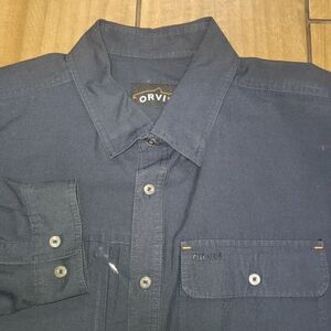 Orvis Button Down Shirt Mens Xl Dark Blue Long Sleeve Poly Cotton Linen EUC Navy